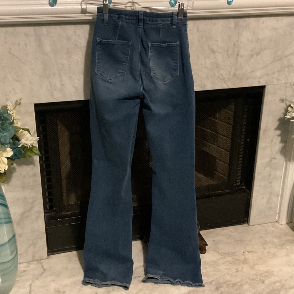 Fashion Nova Blue High-Rise Flared Jeans with Raw Hem - Picture 6 of 7